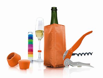 Oranžový Starter Set Wine&Sparkling - vývrtka,silikónový stoper na víno a šampanské, chladiace vrecko, identity
