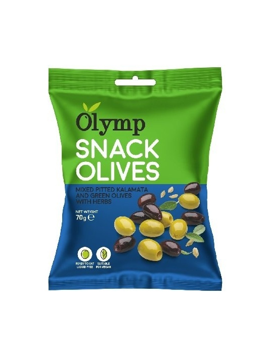 Olivový snack - Mix Kalamata tmavé a zelené olivy bylinky 70g