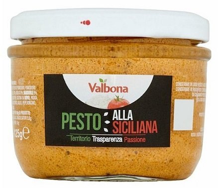 VALBONA Pesto alla siciliana – omáčka s rajčinami, bazalkou a mandľami 125g,sklo pohár