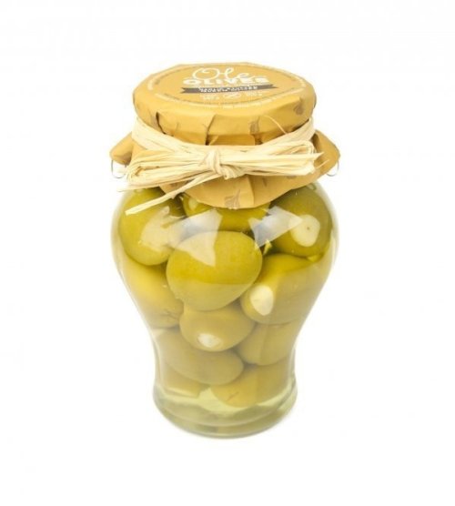 Ole Olives olivy kráľovské plnené cesnakom v amfore, 300g,sklo pohár