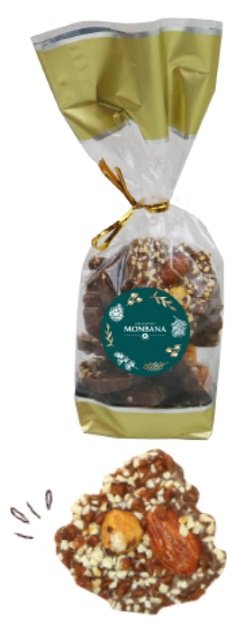 Monbana Vianočný stromček mliečna čokoláda s mandľou a karamelovými lupienkami 120 g,mliecok