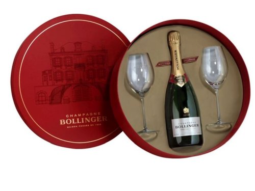 Champagne Bollinger Empty red HAT gift box-2 bolly glasses - červený guľatý obal na fľašu s 2 pohármi