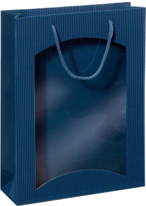 Darčeková taška modrá s okienkom na 3 fľaše 270x85x360mm