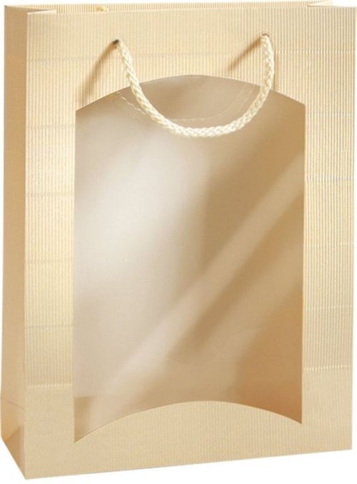 Darčeková taška krémová-zlatá s okienkom na 3 fľaše 270x85x360mm
