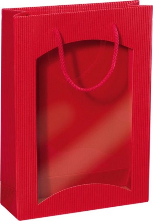 Darčeková taška červená s okienkom na 3 fľaše 270x85x360mm